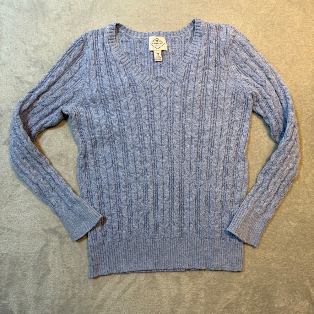 Blue‎ Cable Knit V-Neck Sweater Long Sleeve Cotton Blend Pullover PM timeless